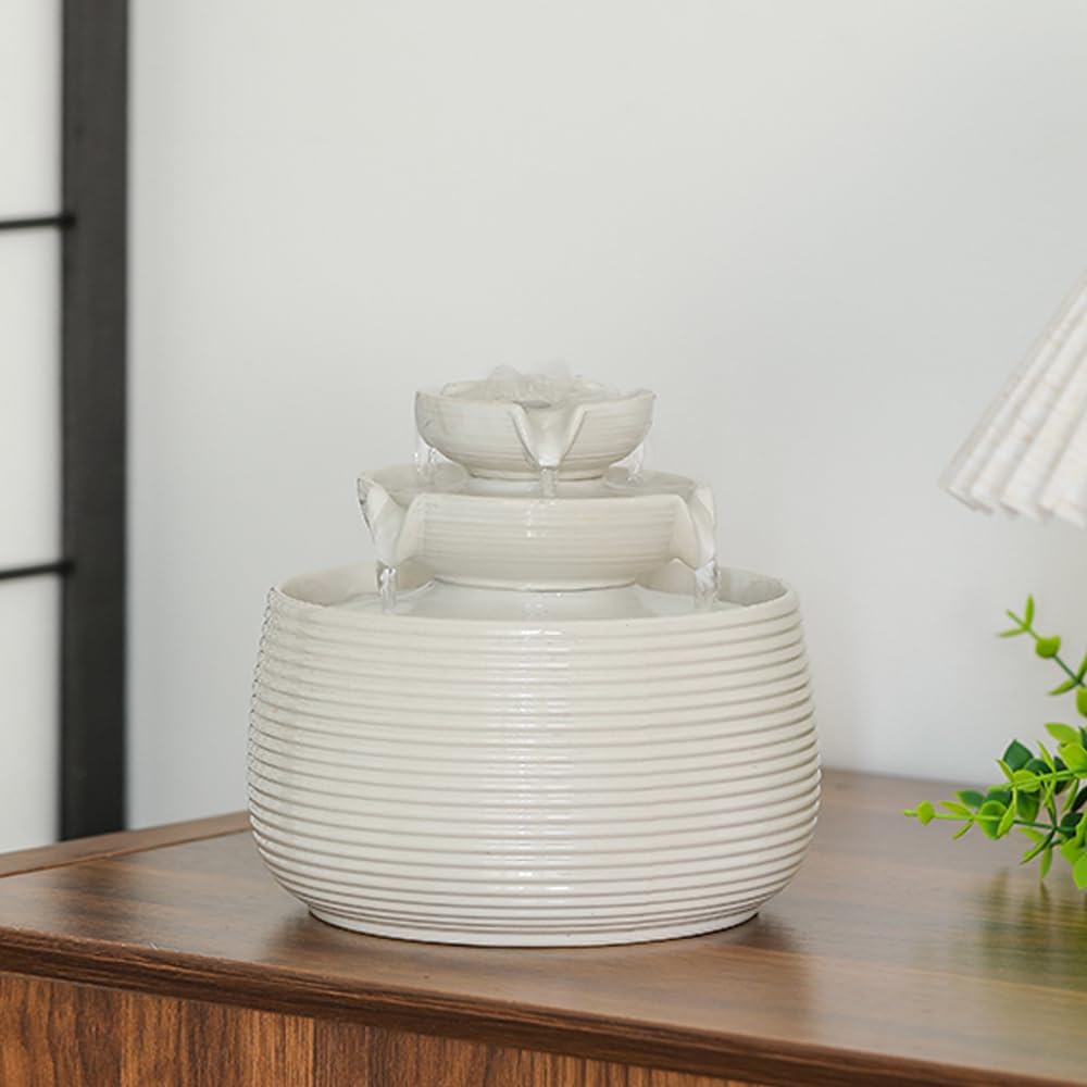 Outdoor and Indoor Water Feature Fountain Waterfall Tabletop Desktop mini Ceramic Garden Fountain (White A170)