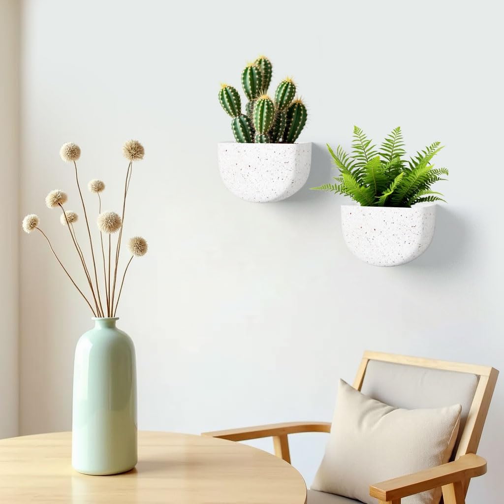 2 Pack Wall Hanging Planter Pots for Indoor and Outdoor Plants, 7 Inch Half-Moon-Shaped Plastic Wall Planter, Wall Mounted Succulent Planters (Speckled White)