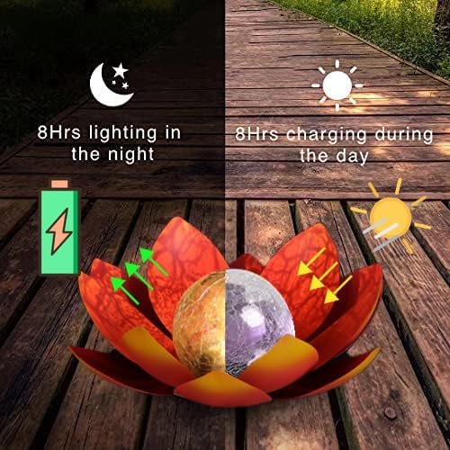 12 inches Solar Lights Outdoor Garden, Crackle Globe Glass Lotus Decoration, Waterproof LED Metal Flower Lights for Patio,Lawn,Walkway,Tabletop,Ground Gardening Gifts (Red)