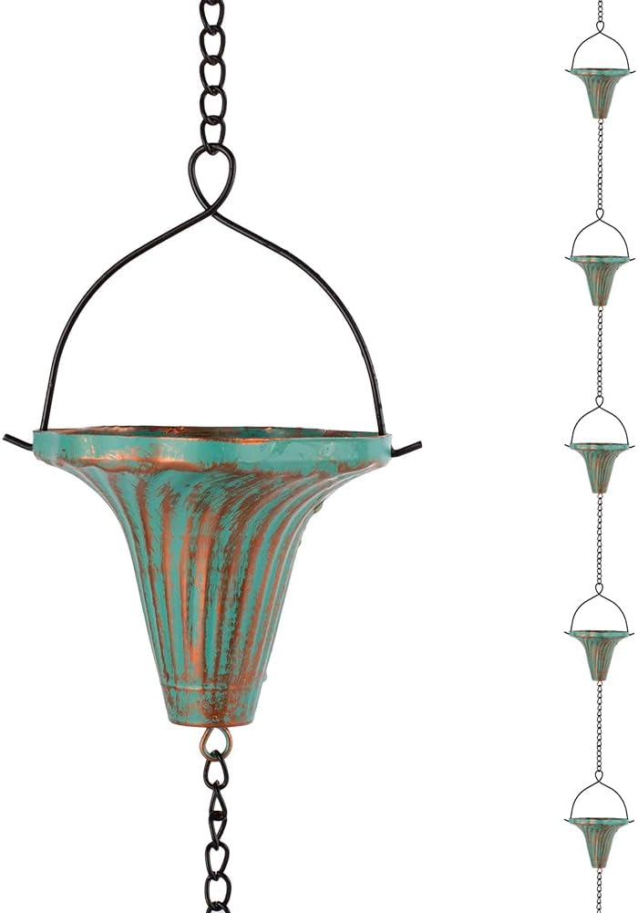 10 Ft Rain Chains for Gutters, Metal Rain Catcher Chain for Eaves Drainage, Rain Gutter Chains with 10 Green Funnel Cups, Adjustable Rain Chain for Outdoor Decor