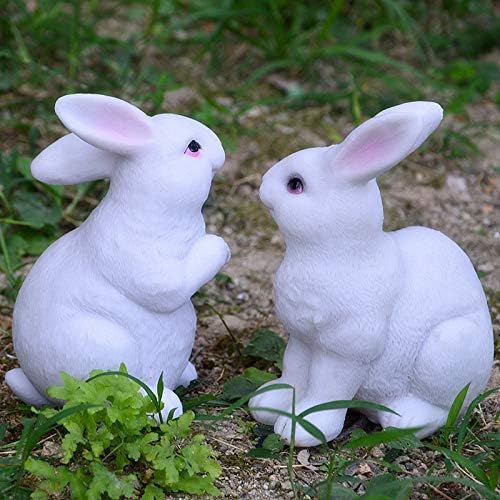 1 Pair Garden Statues Bunny Decor Resin Rabbit Figurine Cute Fairy Garden Decor Outdoor Statues for Patio Yard Porch Balcony Gifts for Women Mom Grandma White