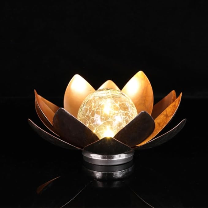 12 inches Solar Lights Outdoor Garden, Crackle Globe Glass Lotus Decoration, Waterproof LED Metal Flower Lights for Patio,Lawn,Walkway,Tabletop,Ground Gardening Gifts (Copper Color)