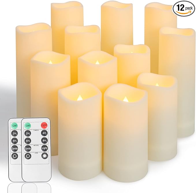 Metaku Flameless Flickering LED Candles Set of 12 - Battery Operated Ivory with Remote & Timer for Halloween, Christmas, Bedroom, Home, Wedding, Birthday Decoration D2.2'' x H4''5''6''7''