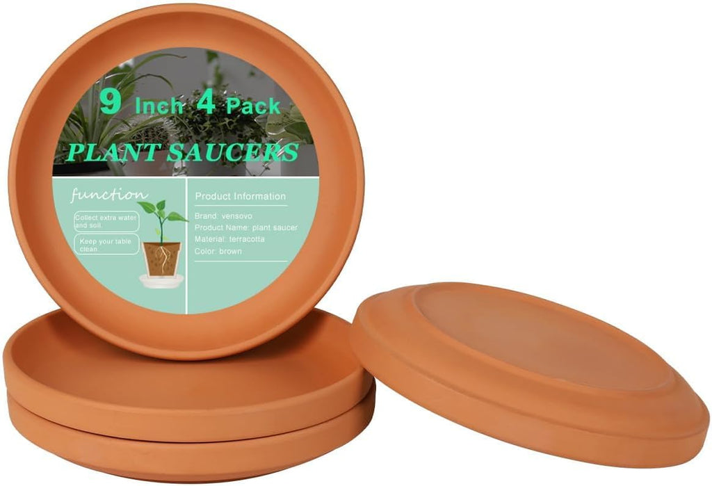 vensovo 9 Inch Terracotta Plant Saucer Pots Tray - 4 Pcs Round Planter Saucers for Indoor & Outdoor Plants, Large Clay Trays Perfect for 8 Inch 8.5 Inch 9 Inch Flower Pot