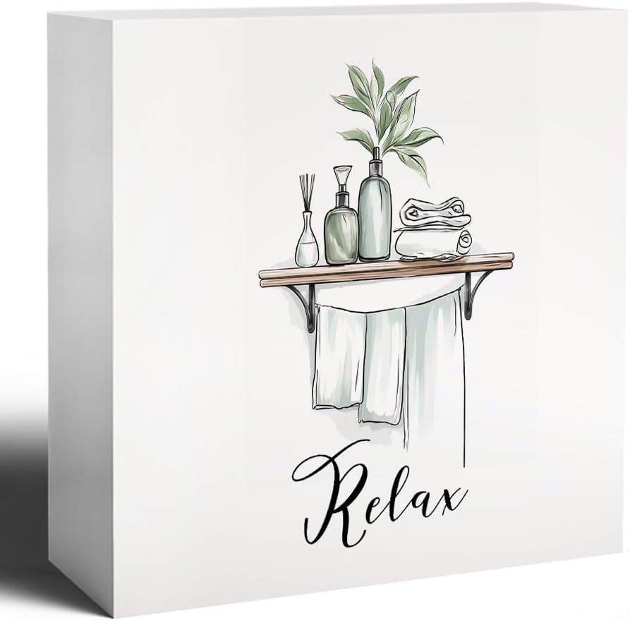 Relax Funny Bathroom Wooden Box Sign, Eucalyptus Botanical Wood Signs for Restroom Bathroom Toilet Half Bath Shelf Counter Decor, 5x5 Inch