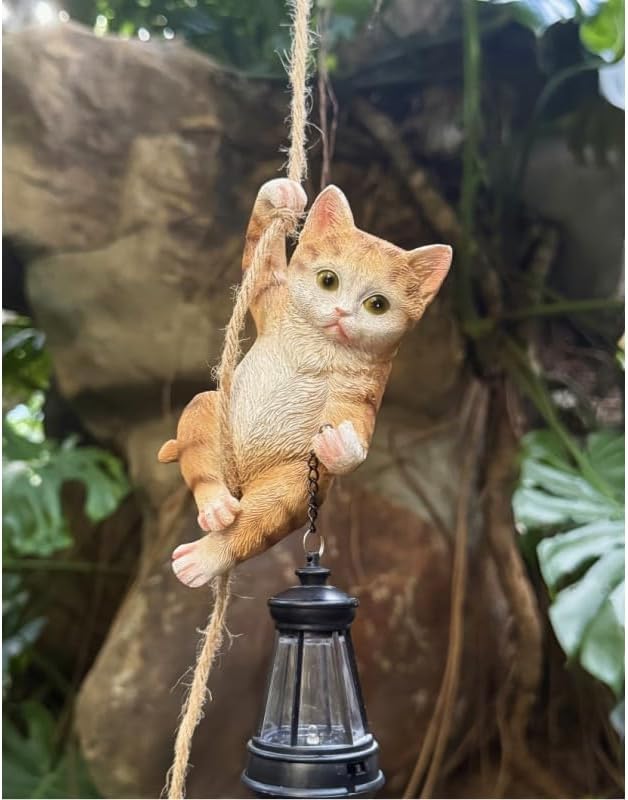 Cat Garden Decor Outdoor Statues Resin Climbing Twine with LED Light Waterproof Hanging Animal Figurine for Garden Wall Balcony Tree Decoration Gift
