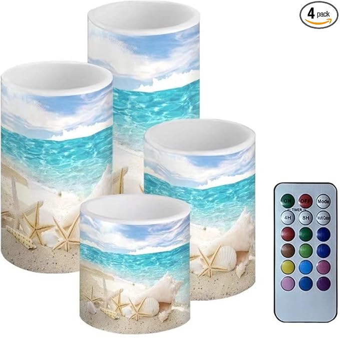 Beach Starfish Seashell Flameless Light Candles Battery Powered with Timer Remote Color Chaging Pillar Candle with Warm Yellow Color Changing Light Pack of 4