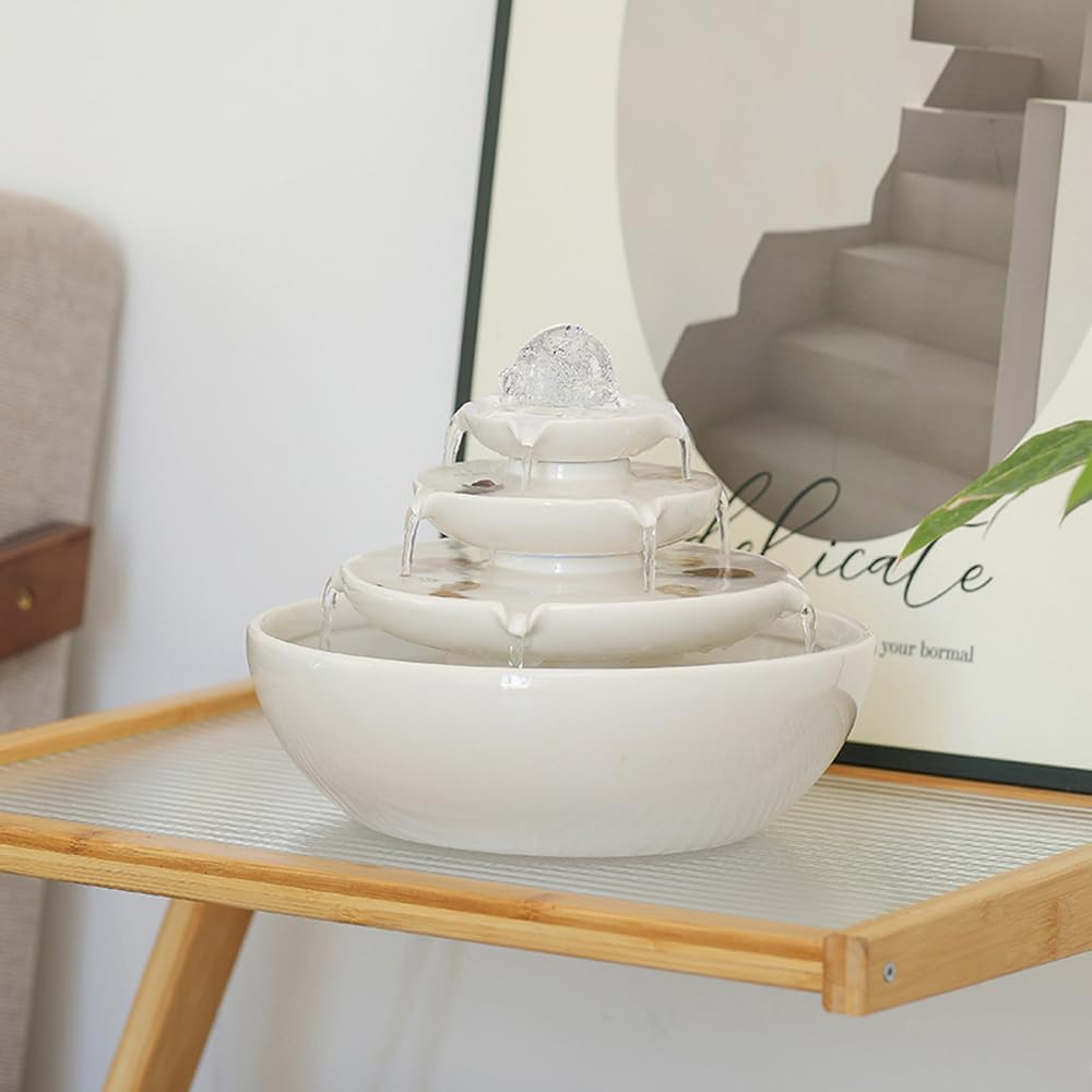 Indoor Tabletop Ceramic Fountain Water Feature Home Kitchen Office Decoration Modern Design Style (White)