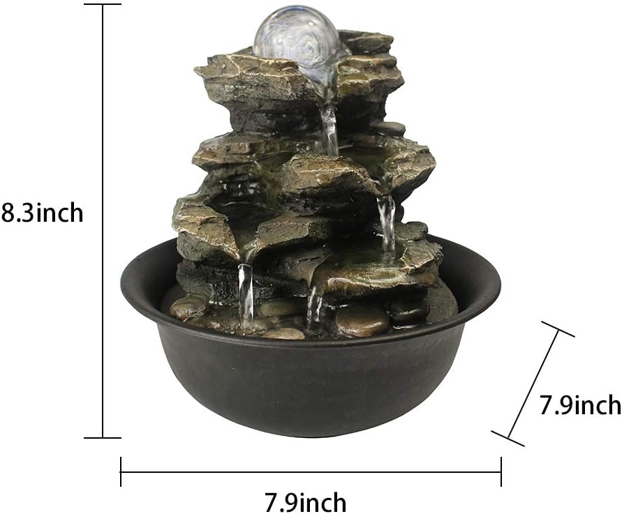 8.3" High 4-Tier Cascading Rock Falls Tabletop Water Fountain with LED Light & Spinning Ball - Indoor Small Waterfall Feature for Office, Home and Bedroom Desktop Decor Dark Grey
