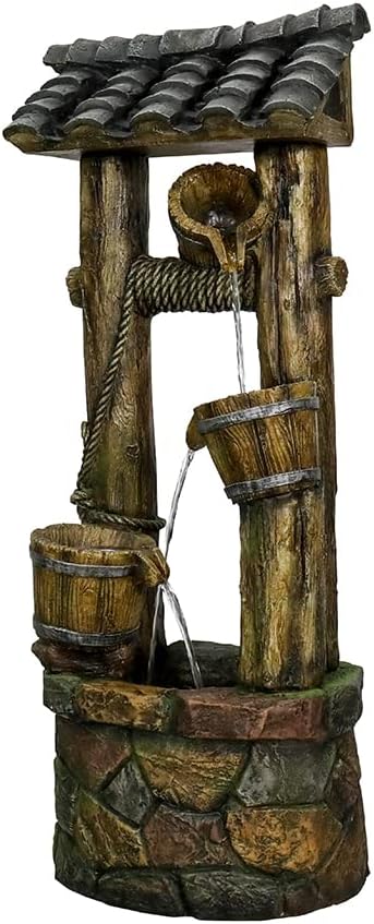 Wishing Well Water Fountain, 39.3inches Rustic Outdoor Water Fountains - Outdoor Cascading Waterfall with Buckets, Pump & Lights for Backyard Patio Decor