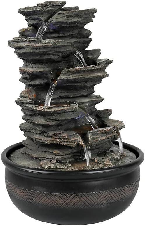 15.7” High Rock Falls Tabletop Water Fountain with LED Lights - 5-Tier Indoor Relaxation Waterfall Fountain, Small Cascading Water Feature for Home and Office Decor Gray-1