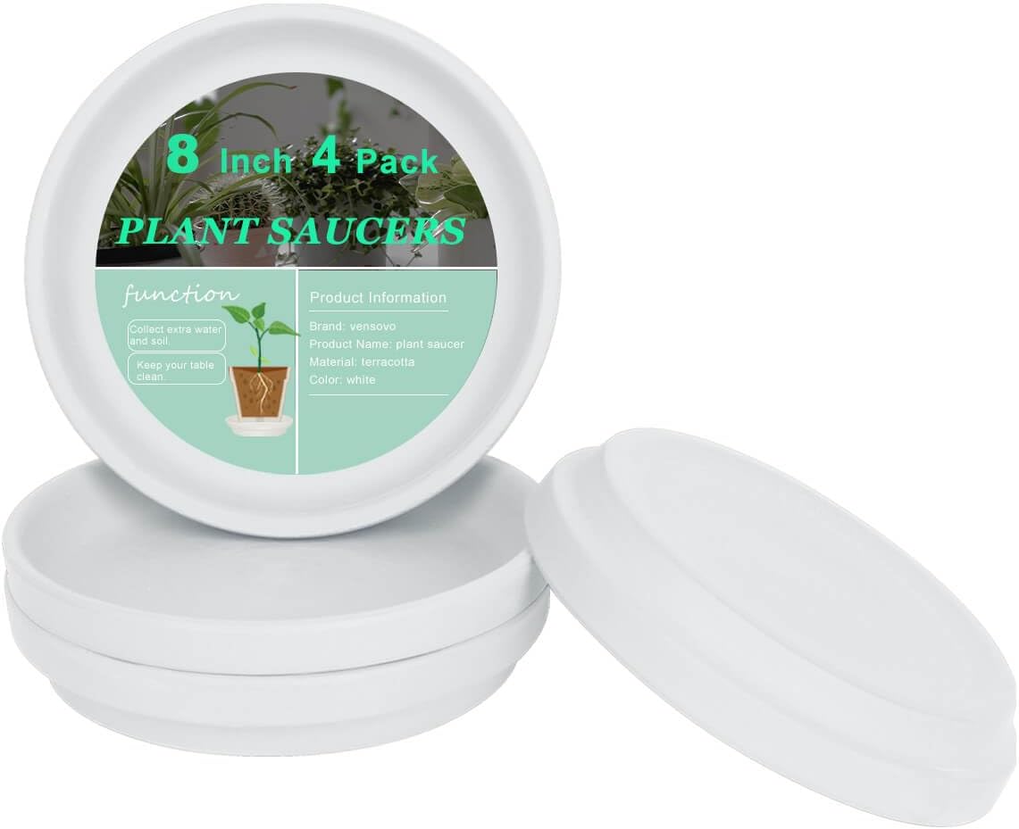 vensovo 8 Inch White Terracotta Plant Saucer Pots Tray - 4 Pcs Round Planter Saucers for Indoor & Outdoor Plants, Large Clay Trays Perfect for 7 Inch 7.5 Inch 8 Inch Flower Pot