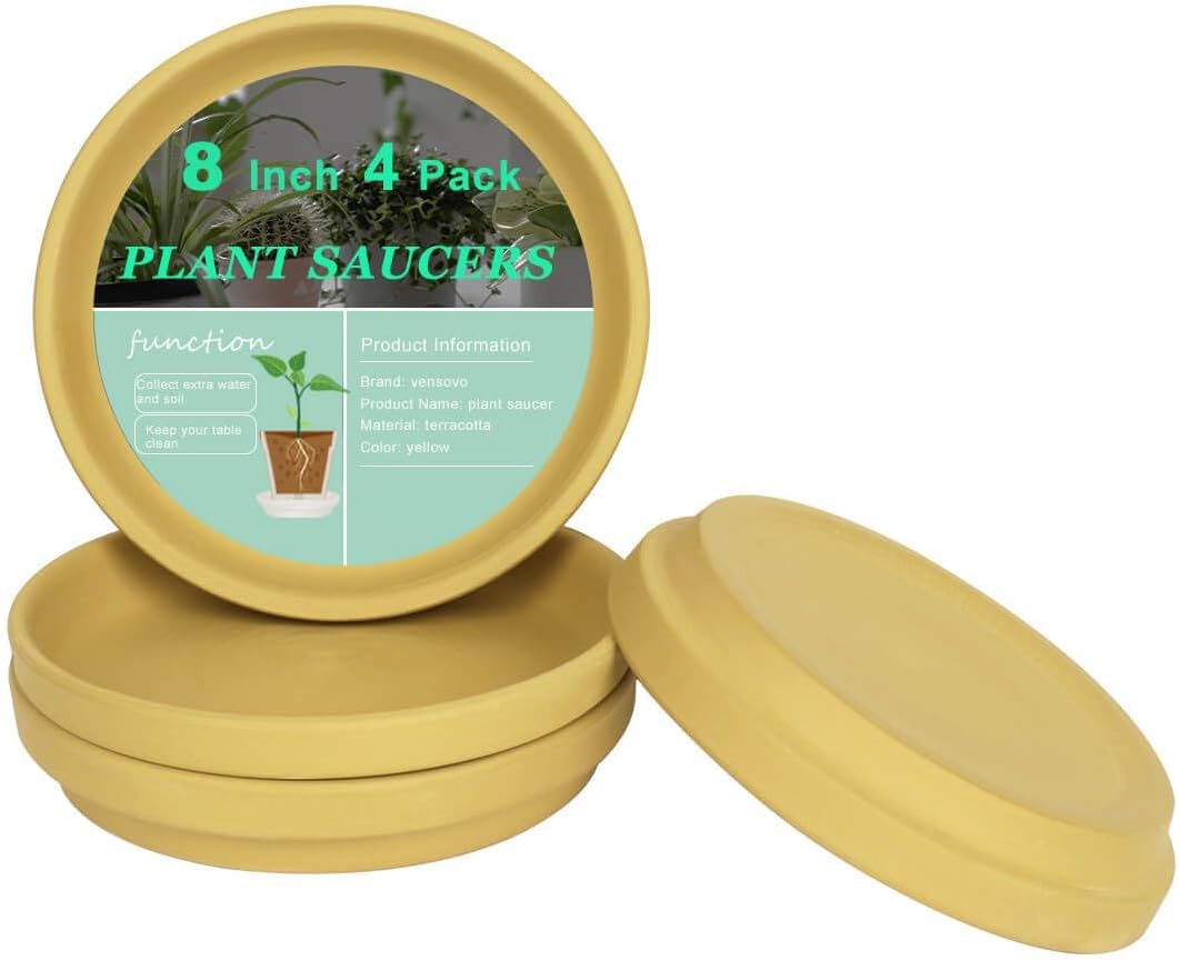 vensovo 8 Inch Yellow Terracotta Plant Saucer Pots Tray - 4 Pcs Round Planter Saucers for Indoor & Outdoor Plants, Large Clay Trays Perfect for 7 Inch 7.5 Inch 8 Inch Flower Pot