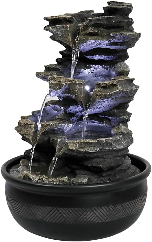 15.7” High Rock Falls Tabletop Water Fountain with LED Lights - Indoor 5-Tier Cascading Fountain for Home and Office Decor (Gray_3, 15.7" high)