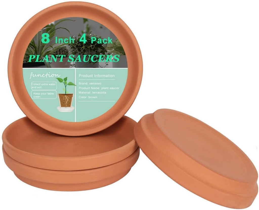 vensovo 8 Inch Terracotta Pot Saucer, 4 Pcs Large Round Plant Saucer for 7 Inch Flower Pot, Drainage Hole, Indoor or Outdoor Use, 7.9 x 7.9 inches, Brown