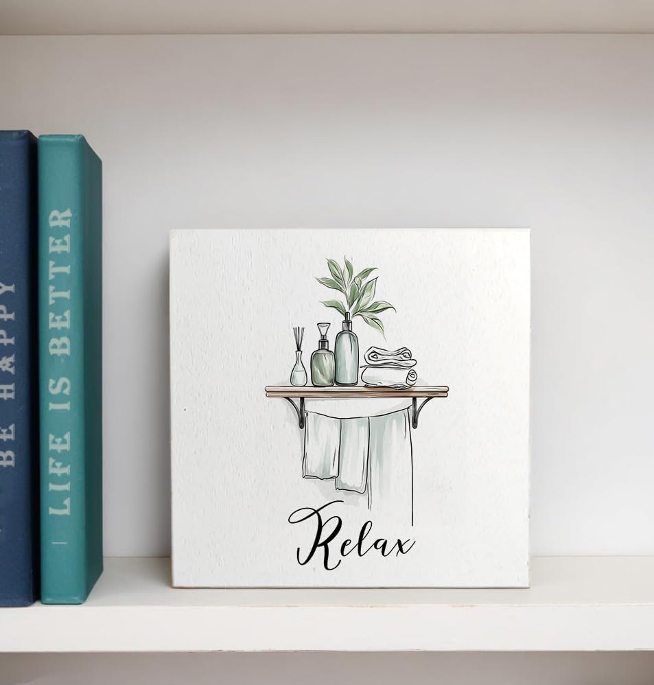 Relax Funny Bathroom Wooden Box Sign, Eucalyptus Botanical Wood Signs for Restroom Bathroom Toilet Half Bath Shelf Counter Decor, 5x5 Inch