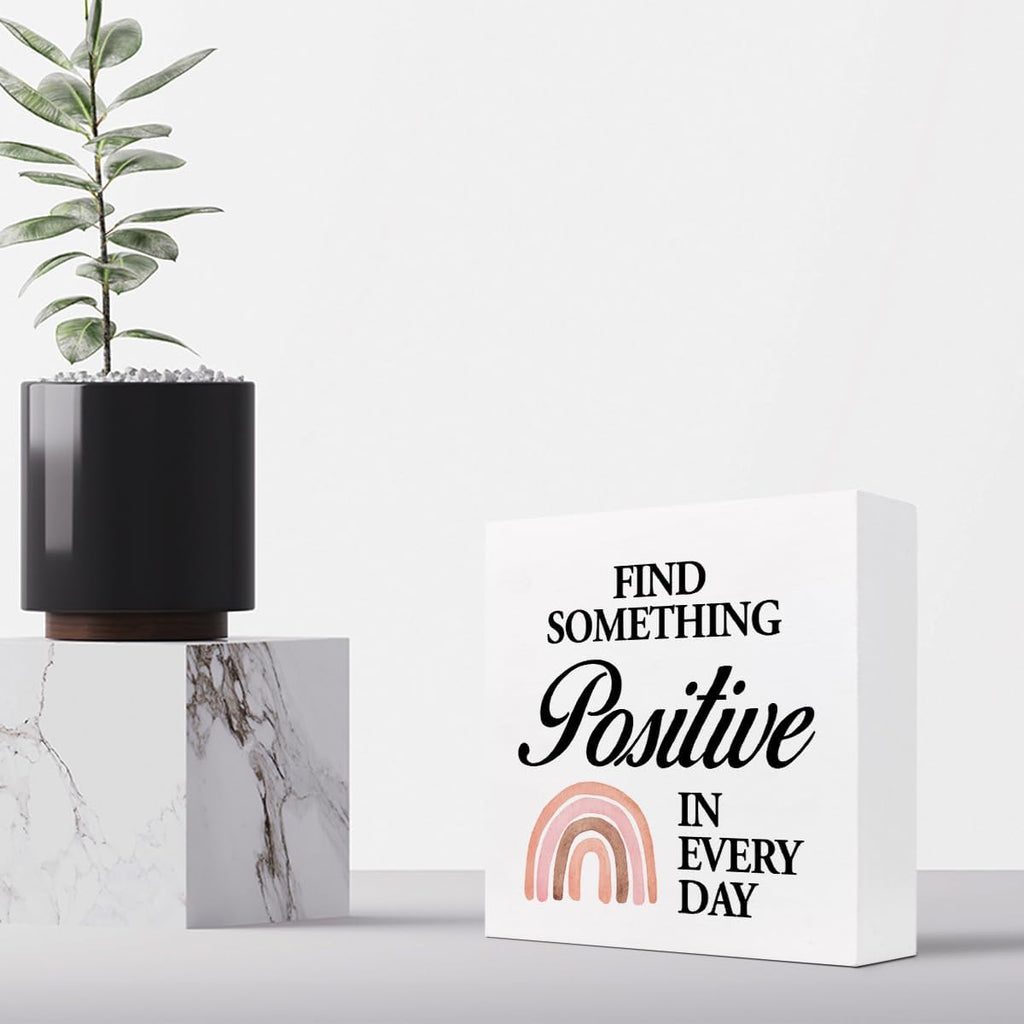 Z-crange Find Something Positive in Every Day Boho Rainbow Wood Block Sign, Rustic Inspirational Wooden Box Plaque for Home College Office Shelf Table Decor