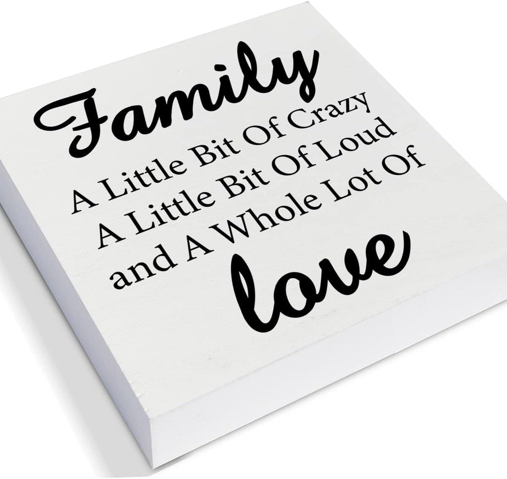 Family a Little Bit of Crazy Decorative Wooden Box Sign Family Quote Wood Block Plaque Decor Rustic Shelf or Wall Display for Home Living Room Bedroom
