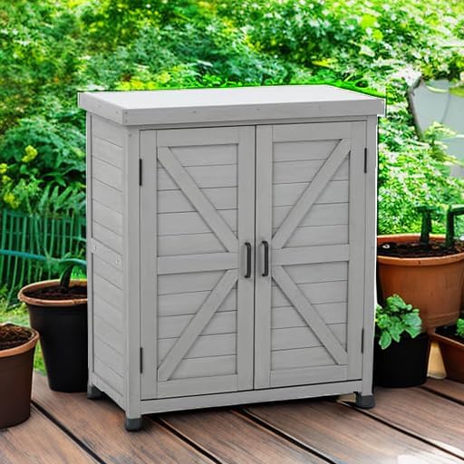 Potting Bench with Storage Cabinet and Metal Table Top for Outdoor Patio, Garden Furniture Wood Workstation