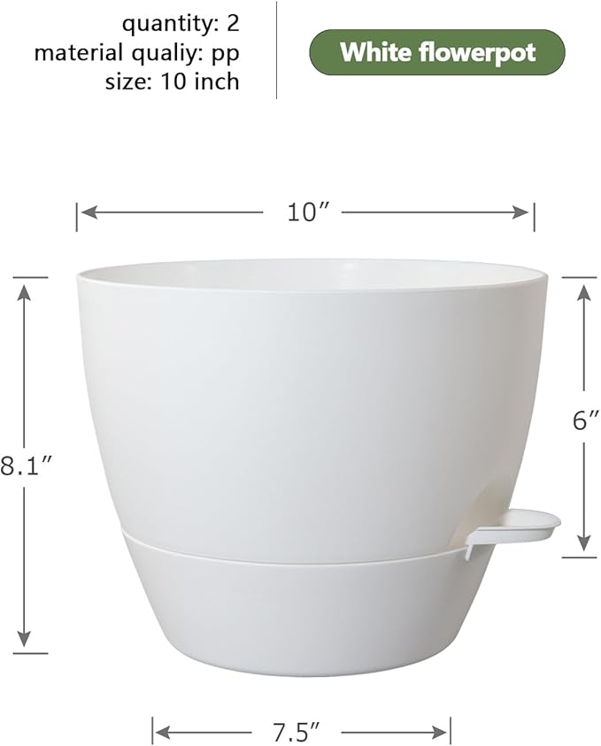 10 inch Self Watering Pots, 2 Pack Plastic Planters with Mesh Drainage Holes for Garden Plants and Flower, Plants Pots with Deep Reservoir for Indoor Outdoor Plants, White
