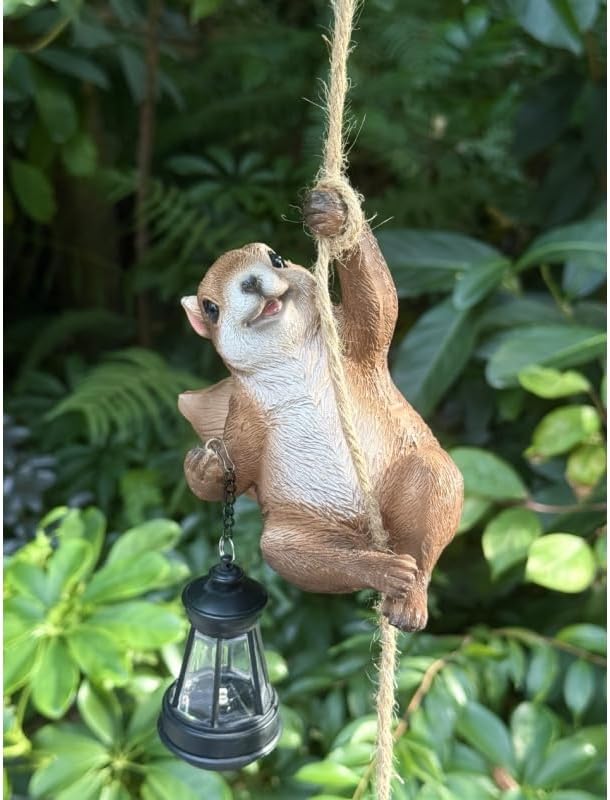 Squirrel Garden Decor Outdoor Statues Resin Climbing Twine with LED Light Waterproof Hanging Animal Figurine for Garden Wall Balcony Tree Decoration Gift