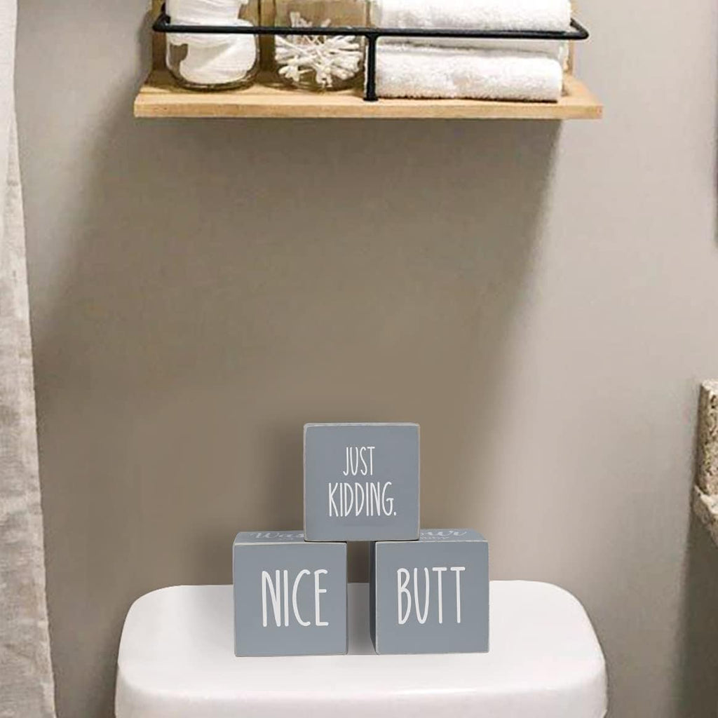 4-Sides Farmhouse Bathroom Decor for Shelves Counter, Funny Rustic Cute Wooden Restroom Guest Sign, Nice Butt&Get Naked&Hello Sweet Cheeks&Wash Your Hands, Grey 2.8"