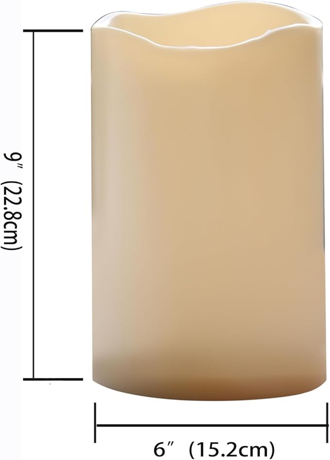 CANDLE CHOICE Extra Large Waterproof Outdoor Flameless Candle D6”xH9” Big Tall Battery Operated Pillar Candle with 6-hour Auto Timer Ivory Plastic Realistic Flickering LED Light for Garden Decorations