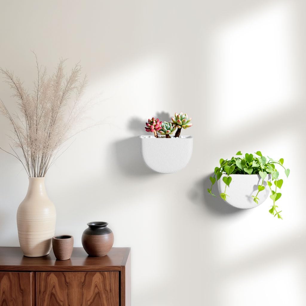 2 Pack Wall Hanging Planter Pots for Indoor and Outdoor Plants, 7 Inch Half-Moon-Shaped Plastic Wall Planter, Wall Mounted Succulent Planters (White)
