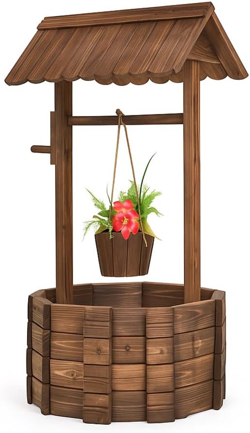Tangkula Outdoor Wishing Well Planter, Old-Fashioned Wood Wishing Wells for Yard, Rustic Farmhouse Decoration for Garden, Backyard, 46 Inch Tall (22" x 22" x 45")