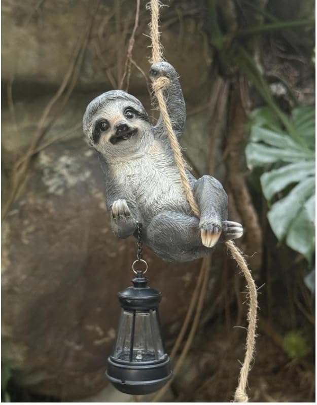 Sloth Garden Decor Cute Wild Animal Outdoor Sculpture Resin Climbing Twine with LED Light Waterproof Hanging Animal Figurine for Garden Wall Balcony