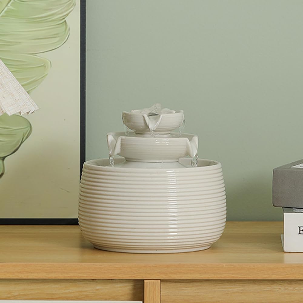 Outdoor and Indoor Water Feature Fountain Waterfall Tabletop Desktop mini Ceramic Garden Fountain (White A170)