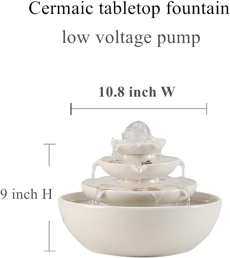 Indoor Tabletop Ceramic Fountain Water Feature Home Kitchen Office Decoration Modern Design Style (White)