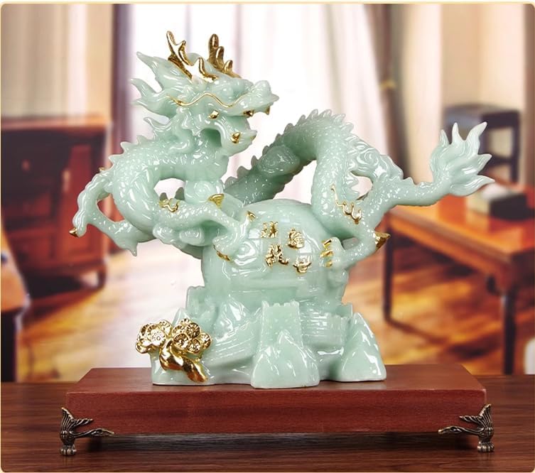 12.2 INCH Chinese Feng Shui Dragon Lucky Jade Color Figurine Statue for Luck & Success,Home Office Bookshelf Desk Decor,Green