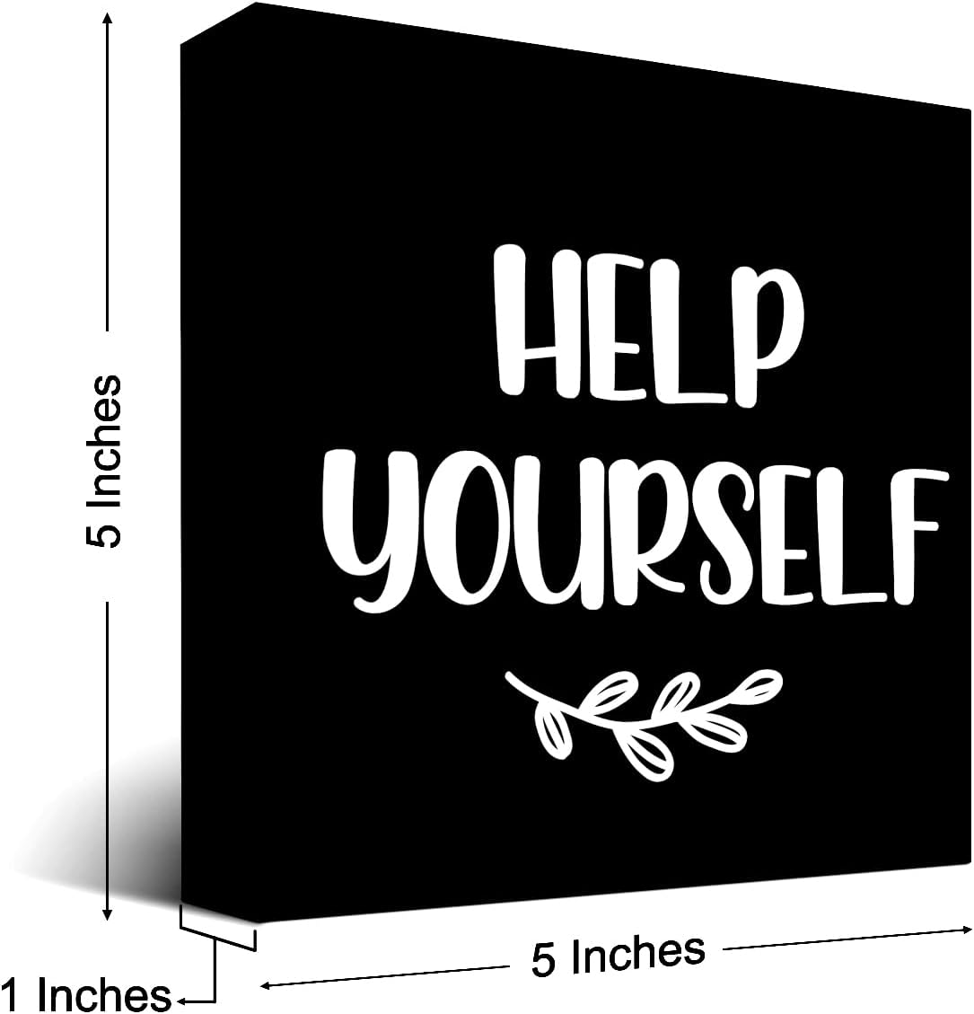 Help Yourself Black Wood Block Sign Desk Decor,Rustic Wooden Box Plaque Sign for Home Bedroom Farmhouse Shelf Table Decor