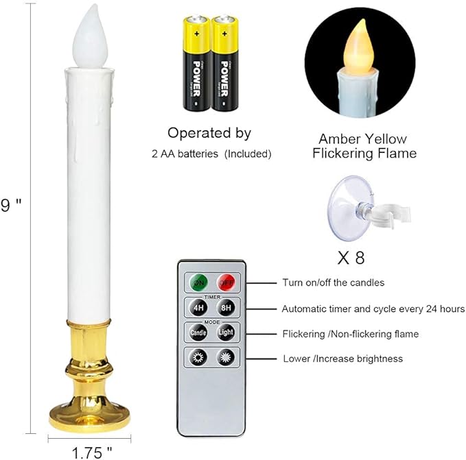 DRomance 9" Flameless Window Taper Candles Battery Operated with 8-Key Remote and Timer, 8 Pack White Christmas Holdiay Window Candles with Gold Holders, Suction Cups and AA Batteries Included