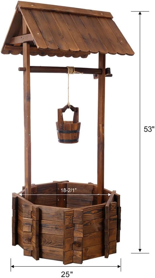 Wooden Wishing Well Planter for Outside with Hanging Bucket & 4 Reinforced Rods, Rustic Garden Yard Patio Decor, Extra-Large 25" x 25" x 53" Well Cover, Deep Carbonized Fir, Brown