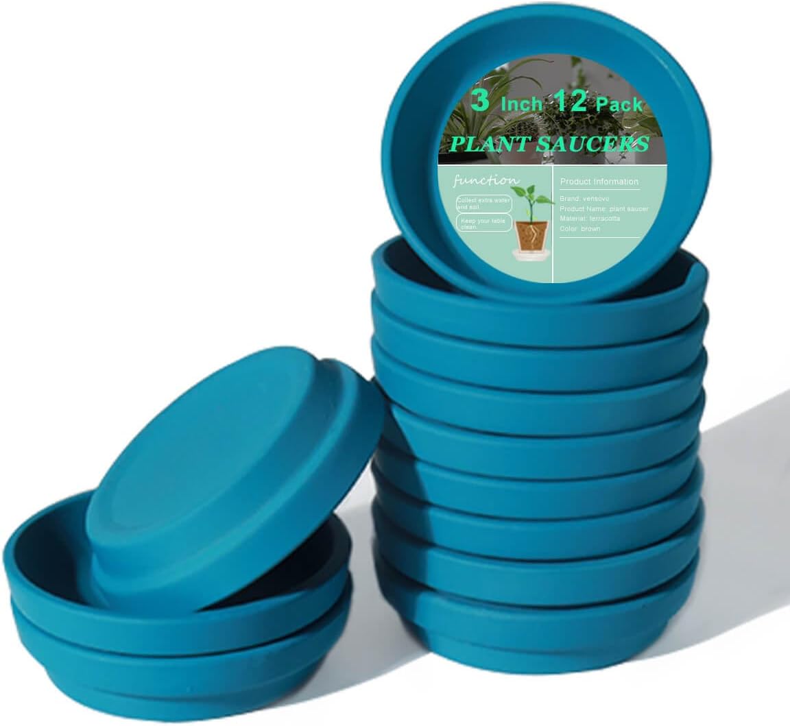 vensovo 3 Inch Steel Blue Terracotta Plant Saucer Pots Tray - 12 pcs Mini Planter Saucers for Indoor & Outdoor Plants, Small Clay Trays Perfect for 2 Inch 2.5Inch Flower Pot