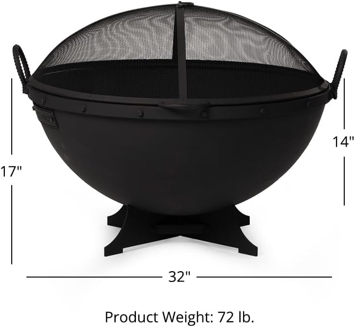 Ash & Ember 32in Hemisphere Fire Pit with Screen and Poker, Cast Iron High-Temperature Black Paint Fire Bowl, Wood Burning Backyard Fireplace, Portable Outdoor Firepit