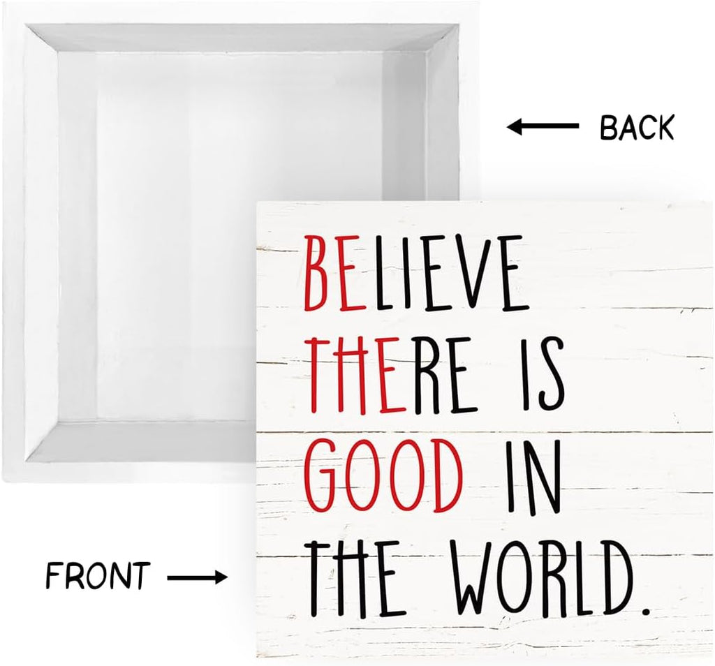 Positive Wood Signs, Inspirational Wooden Table Signs, Farmhouse Shelf Decoration, Rustic Home Decor for Living Room Bedroom, Cafe Bar Decor, Believe There is Good in the World Sign, White