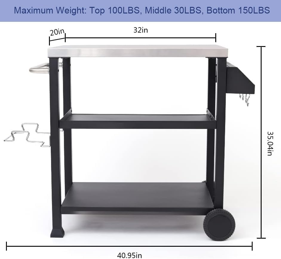 NUUK Three-Shelf Movable Outdoor Dining Cart Table, 20" x 32" NSF Stainless Steel Commercial Multifunctional Heavy Duty Kitchen Food Prep Worktable on Wheels