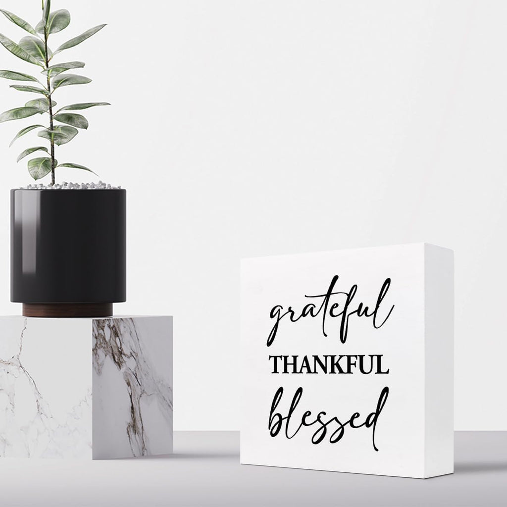 Grateful Thankful Blessed Motivational Wood Box Sign,Inspirational Wooden Block Sign for Home Bedroom Farmhouse Wall Shelf Table Decor