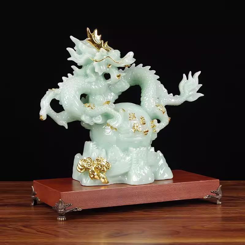 12.2 INCH Chinese Feng Shui Dragon Lucky Jade Color Figurine Statue for Luck & Success,Home Office Bookshelf Desk Decor,Green