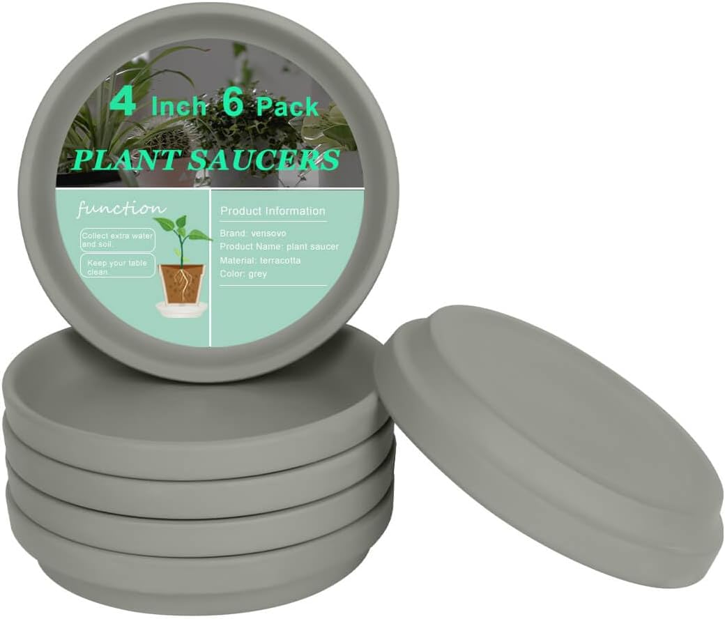 vensovo 4 Inch Grey Terracotta Pot Plant Saucer - 6 pcs Round Plant Pot Saucers, Clay Plant Trays Perfect for 3 Inch 3.5 Inch 4 Inch Flower Pot with Drainage Hole and Great for Indoor or Outdoor