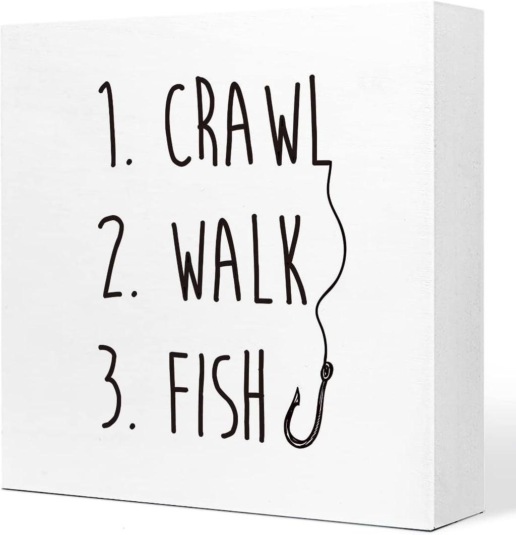 Crawl Walk Fish Rustic Wooden Sign Desk Decor,Funny Baby Fishing Wood Block Sign Desk Decorations for Home Bedroom Baby Room Desk Shelf Table Decor