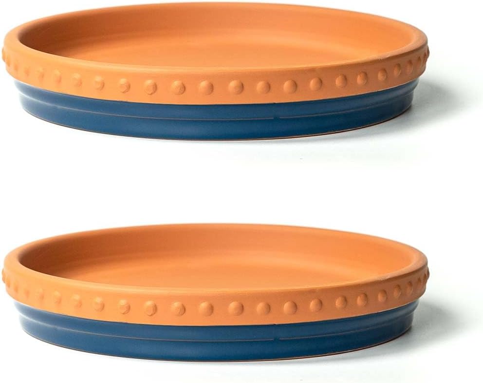 YBX 8-inch Plant Saucer Premium Terracotta Saucer Round Ceramic Plant Trays, Pack of 2 (Navy/Terracotta)