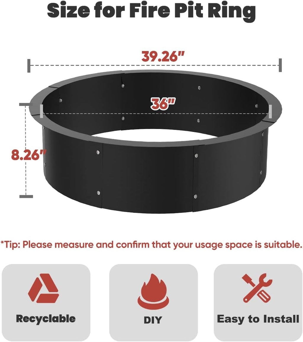 36 Inch Inner Round Fire Pit Ring Insert for Outside Wood Burning, 40 Inch Outer 36 Inch Inner DIY Outdoor Fire Pit Liner Ring for Garden, Patio, Backyard or Camping, 1.5mm Thick Metal Steel