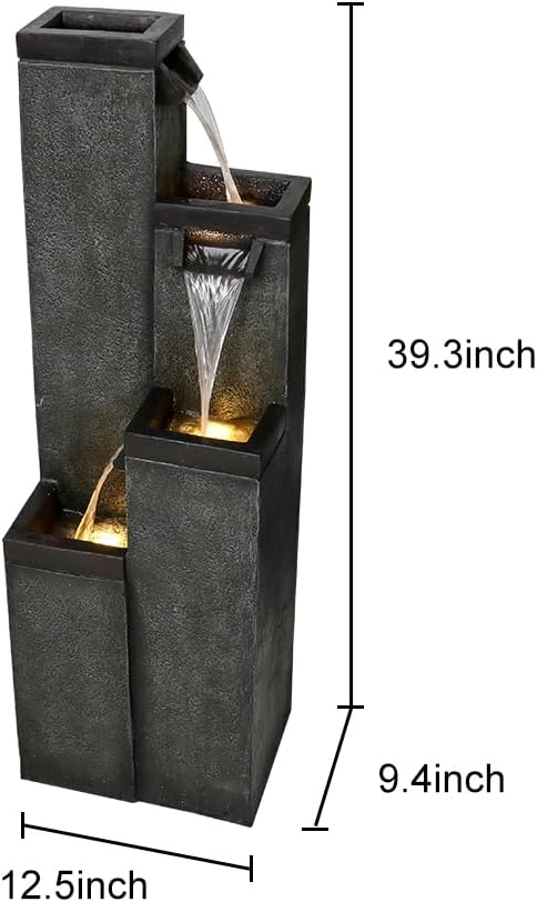 Modern Floor-Standing Water Fountain 39.3” High, Indoor Outdoor Water Fountain with Lights for Home, Garden, Patio Decor