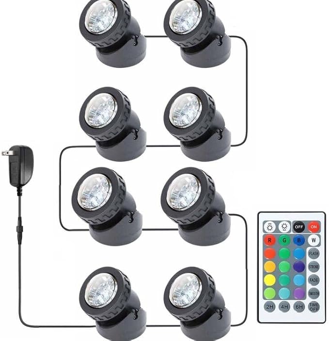 RGB Pond Lights, Underwater LED RGB Colored Fountain Lights IP68 Waterproof Spotlight Timing Adjustable Submersible Spot Lights for Fish Pond Garden Waterfall (Set of 8)