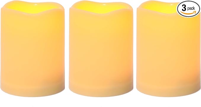 CANDLE CHOICE Waterproof Outdoor Battery Operated Flameless Candles with Timer Realistic Flickering Plastic Fake Electric LED Pillars for Lantern Garden Wedding Christmas Decorations 3”x4” 3 Pack