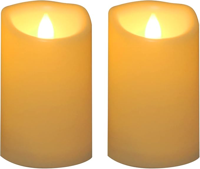 Waterproof Outdoor Battery Operated Flameless Pillar Candles with Timer White Plastic Realistic Flickering Fake Electric LED Lights for Lantern Garden Wedding Christmas Decorations 3”x5” 2 PCS